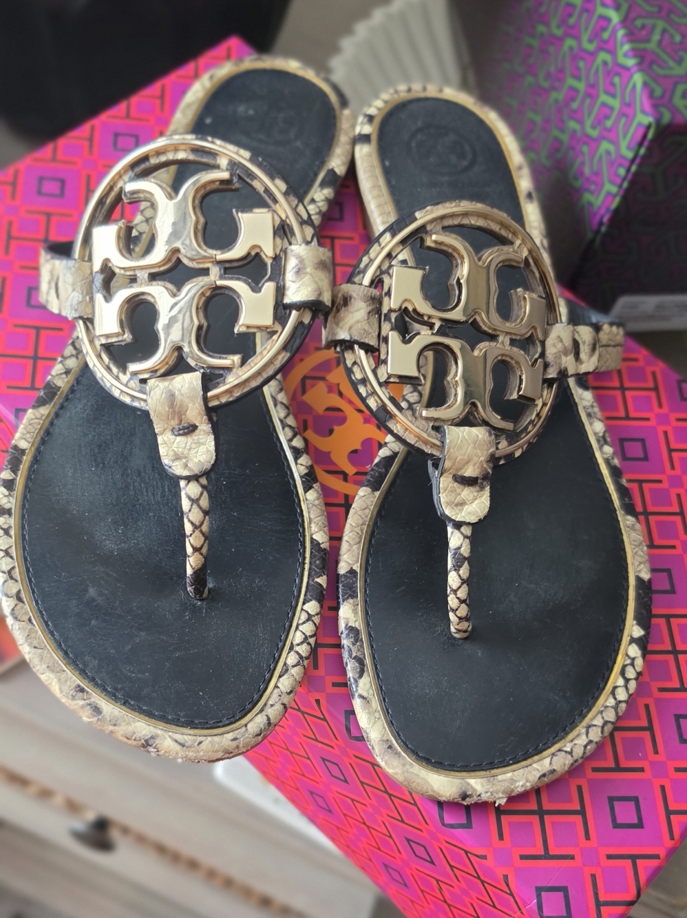Gold Logo Snake-Print Thong Sandals.